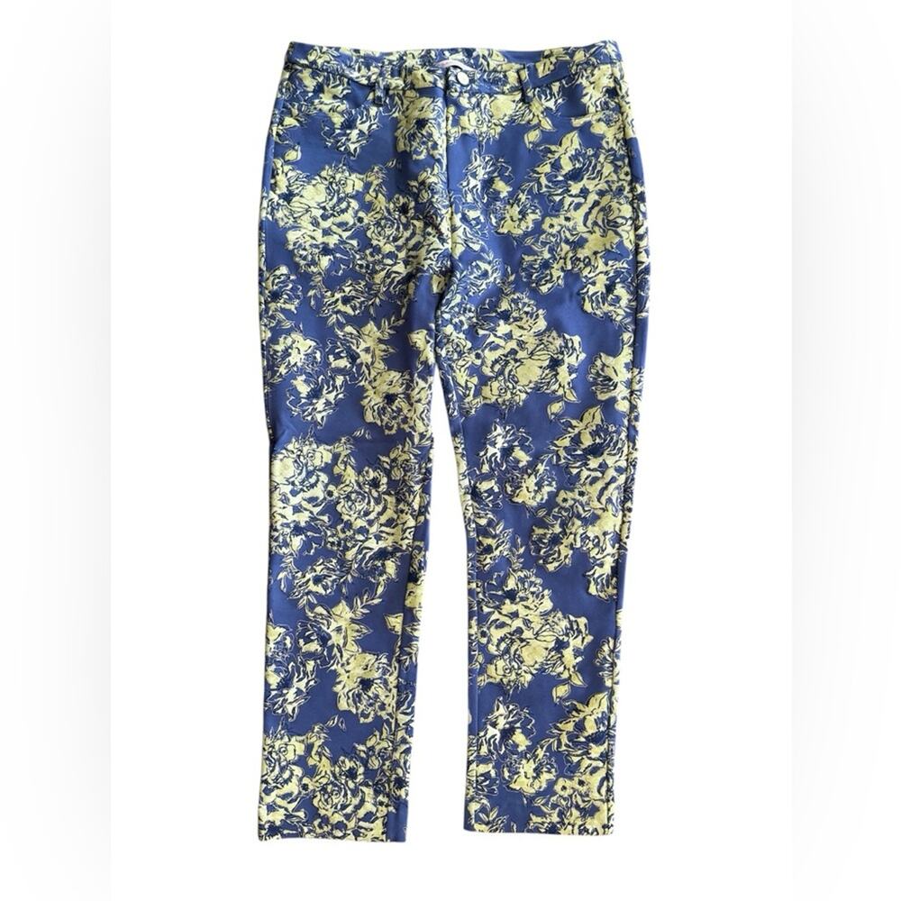 Soft Surroundings Stretch Colorful Blue Yellow‎ Floral Metallic Pull-On Pants- M